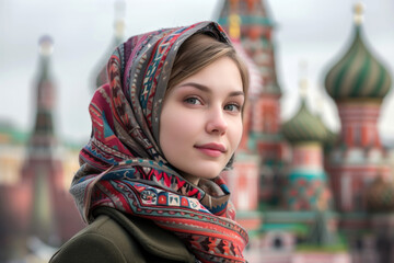 Young Woman in Colorful Headscarf with Historic Cityscape in the Background