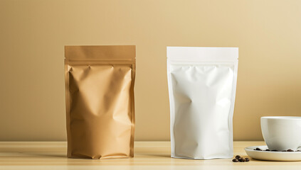 Plastic and paper Pouch Packaging Mockup on light background, paper pouch pocking, Different blank foil packages