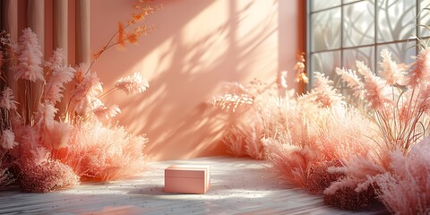 Minimalistic cosmetic product display podium on a soft pink background with pampas grass and sunlight, creating a luxurious and natural feel.