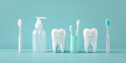 Animated dental hygiene characters smiling mouthwash bottles toothbrushes paste tubes and floss. Concept Dental Hygiene Characters, Smiling Mouthwash Bottles, Toothbrushes, Paste Tubes, Floss