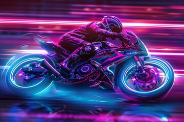 Stunning photo of biker motorcyclist driving sportbike with neon lights