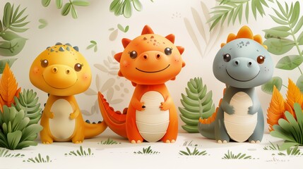 Obraz premium Three cute smiling cartoon dinosaurs standing in a lush tropical jungle