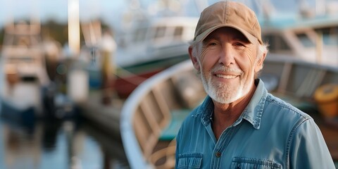 Obraz premium Happy senior fisherman at dock with fishing boat smiling in portrait. Concept Fishing, Dock, Senior, Portrait, Happiness