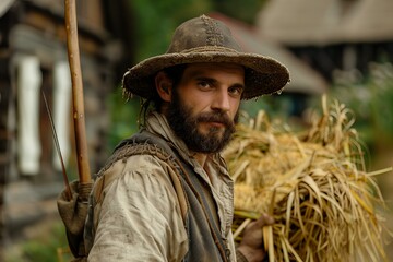 Obraz premium Rugged bearded man in vintage clothing carries wheat, evoking traditional farming