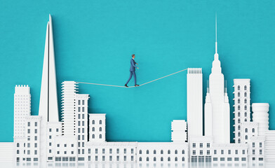 Businessman walks with rope in order to achieve the higher place. Business environment concept with stairs and opened door, representing career, achievement, growth and  success, 3d rendering