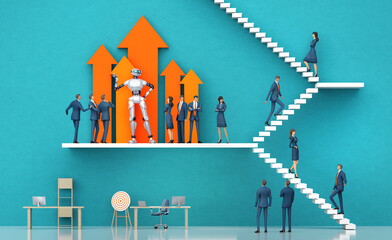 Robots, artificial intelligent being introduced to business people, People working and cooperating with robots and AI. 3D render illustration 