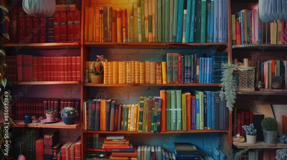 Poster Organized bookshelf with colorful books and decor items. - Posters