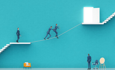 Businessman walks with rope in order to achieve the higher place. Business environment concept with stairs and opened door, representing career, achievement, growth and  success, 3d rendering