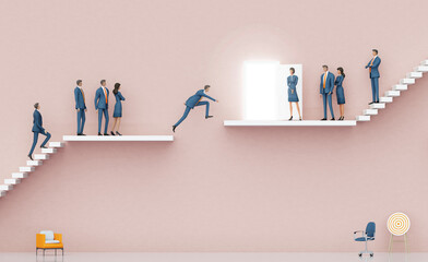 Businessman is jumping between platforms in order to achieve the higher place. Business environment concept with stairs and opened door, representing career, achievement, growth and  success 3D render
