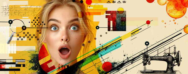 Abstract Collage trendy style illustration with surprised woman face, contemporary artwork background, with geometric shapes, patches, paint strokes. Creativity, hobby and leisure concept  wide poster