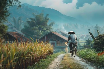 Person cycles peacefully along a path in a serene village setting with misty mountains in the background