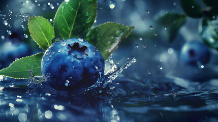 Blueberries with leaves and splashes of water on a monochrome background