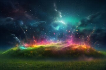 Magical colorful dust rising from grass under the beautiful moon light night background