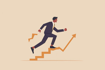 Obraz premium Businessman running towards success and an upward arrow graph showing growth in the style of an icon with a staircase for business development