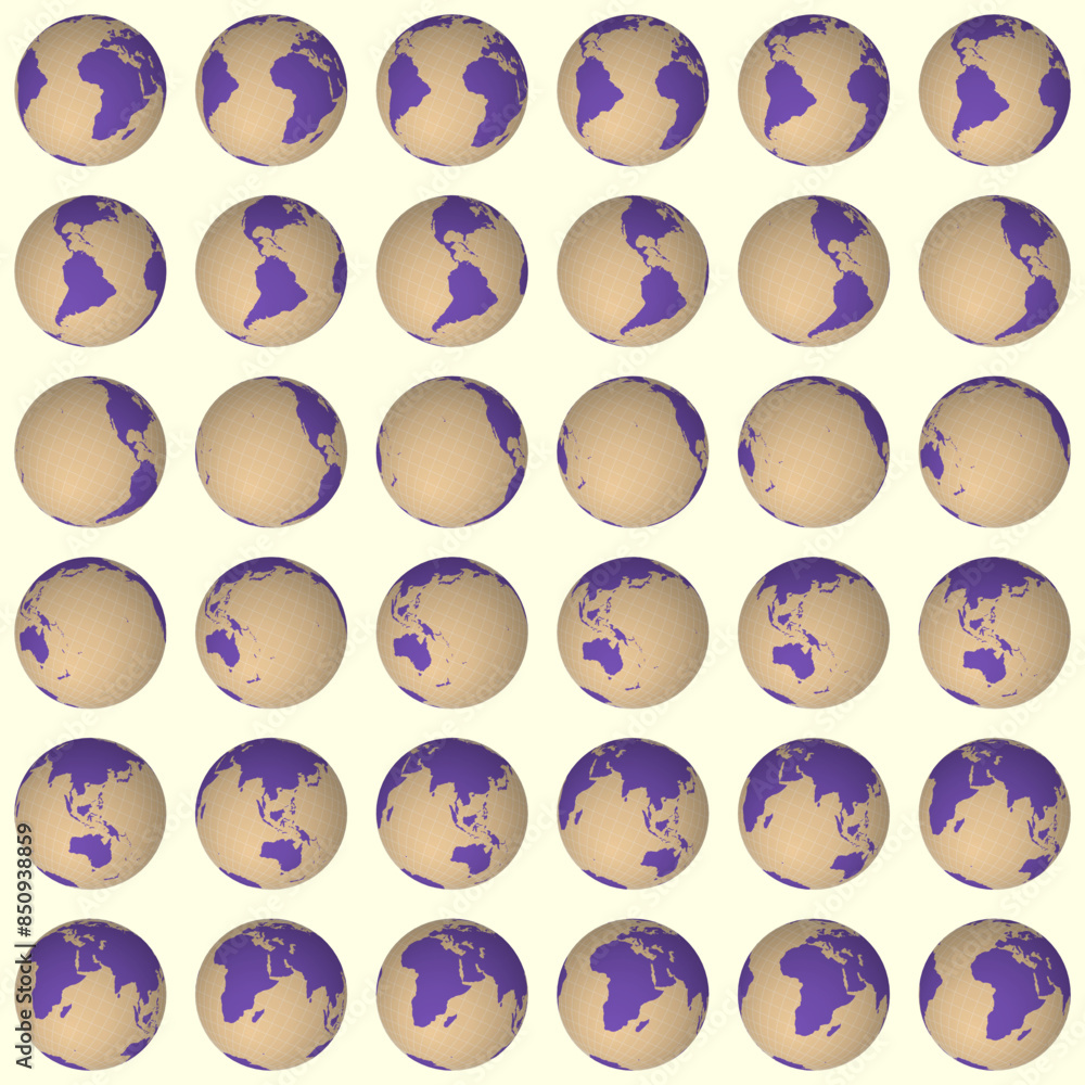 Poster collection of planet globes. tilted sphere view. rotation step 10 degrees. solid color style. world 