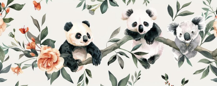 Adorable baby panda and koala hanging on branch with floral watercolor seamless pattern