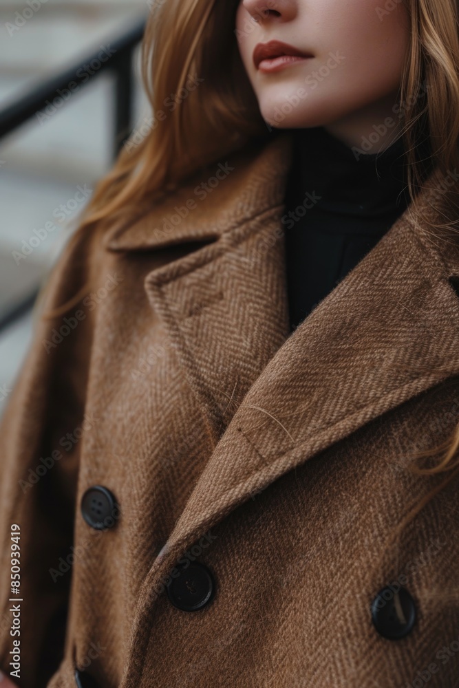 Wall mural A woman wearing a brown coat and a black turtleneck, suitable for editorial or commercial use