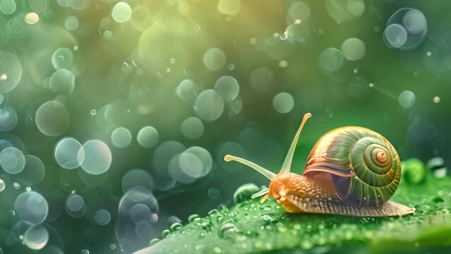A snail clinging to a leaf, its shell glistening with rain drops as its antennae delicately extend, capturing the tranquility of the rainforest.
