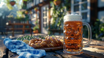 Traditional Beer and Pretzels in a Sunlit Outdoor German Beer Garden