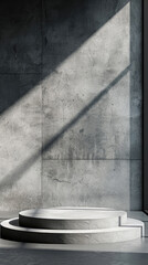 Minimalistic concrete interior with circular platform and dramatic light. Modern architectural design emphasizing textures and shadows.