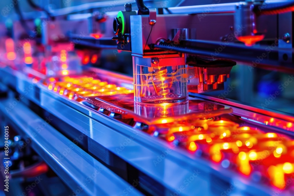 Poster close up view of a machine with red lights illuminated, suitable for use in industrial or technologi