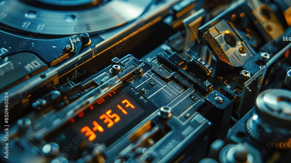 Poster a close-up shot of a digital clock on a machine