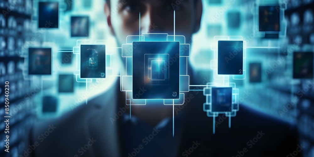 Poster blockchain identity management symbolizes security trust transparency and consensus in technology. c