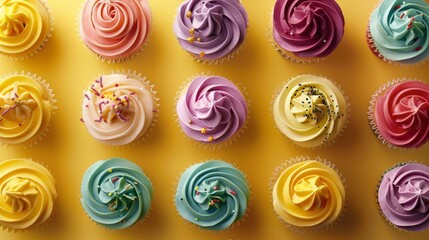 Colorful Cupcakes Vividly Displayed in Artistic Arrangement on Yellow Background