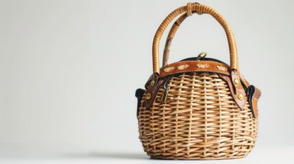 A close-up of a natural fiber wicker purse with a brown leather strap, suitable for a rustic or outdoorsy theme