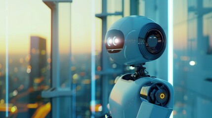 Fototapeta premium A white robot standing in front of a window with a modern interior design