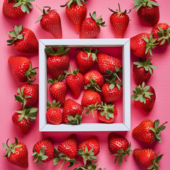white frame with vibrant strawberries on pink background.Minimal creative food and advertise concept.Flat lay.