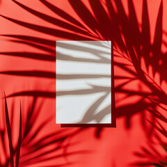 Red background with palm leaves and their shadows. Minimal creative nature and advertising concept