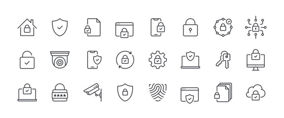 Safety Vector Line Icon Set. Security and Protection Editable Stroke Icon Collection
