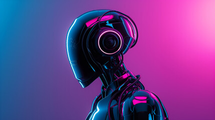 A futuristic robotic head with glowing pink accents, set against a blue and pink gradient background.