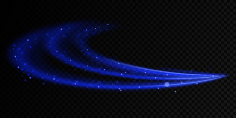 Obraz premium Glowing fire lines effect. Blue glittering magic particles trails isolated on transparent background. Sparkling wavy light effect.