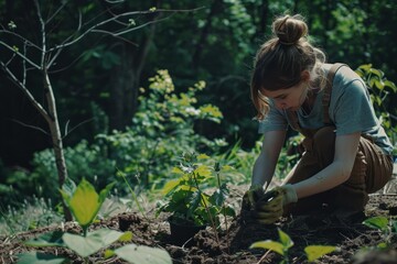 Fototapeta premium Focused woman plants seedlings in a lush, sundappled woodland clearing