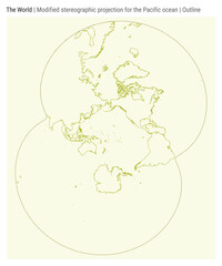 Obraz premium World Map. Modified stereographic projection for the Pacific ocean. Outline style. High Detail World map for infographics, education, reports, presentations. Vector illustration.