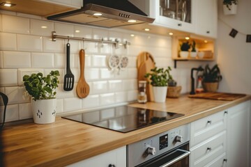 A photo of a kitchen with a stove top oven and wooden countertops