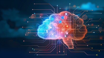 Obraz premium Artificial intelligence neural network machine learning process with interconnected nodes or neurons in a layered structure that resembles the human brain inspired by human brain