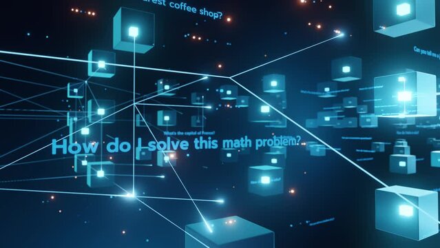Digital representation of a chatbot AI interacting with users, answering questions in a virtual space filled with glowing queries.