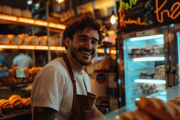 Fototapeta premium A happy man standing in front of a bakery with a warm and inviting atmosphere