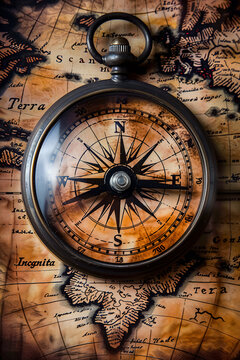Close-up of a vintage compass placed on an antique map, symbolizing exploration and navigation. Concept of romance and spirit of the Age of Discovery.