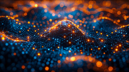 Visualization of Neural Network with Bokeh. A detailed visualization of a neural network expanding across a surface with glowing connections and a bokeh effect, symbolizing data processing. big data,