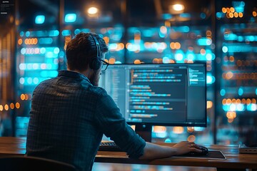 The image shows a focused male developer writing code on a computer in an office with server racks in the background