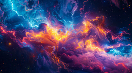 Fototapeta premium Vivid Cosmic Nebula in Deep Space. A vibrant, colorful cosmic nebula with swirling clouds of gas and dust set against the backdrop of deep space, showcasing the beauty of the universe.