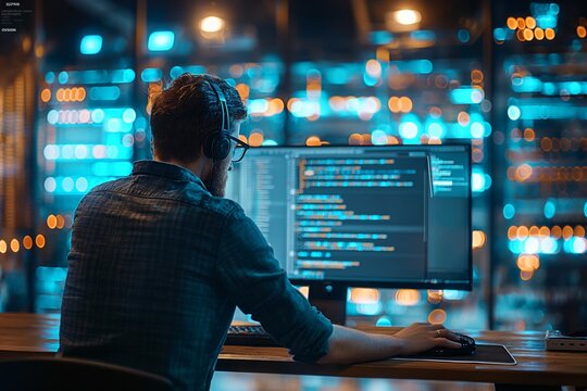 The image shows a focused male developer writing code on a computer in an office with server racks in the background