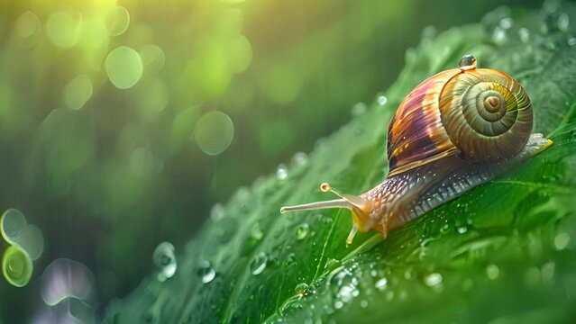A snail clinging to a leaf, its shell glistening with rain drops as its antennae delicately extend, capturing the tranquility of the rainforest.