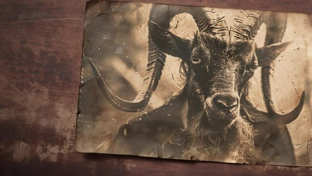 diabolical sepia dark art photograph of Baphomet, with goat head with horns, goat beard and human body, on a blurry mysterious background. Satanic ancient postcard