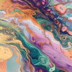 A vibrant abstract painting featuring swirling patterns and bold color combinations. The image includes hues of purple, teal, gold, pink, and white, creating a dynamic and fluid composition. The textu