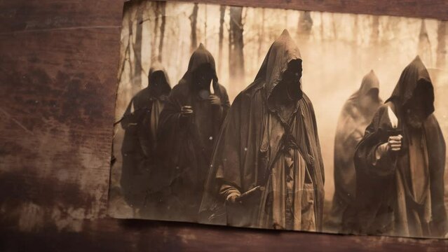 vintage photography in sepia tone of a procession of faceless dead or spirits with black tunics, marching through the mist of a dark forest with trees in the background